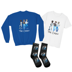 Alex the Great "The Crew" Youth bundle featuring a crewneck sweatshirt, a white t-shirt with Alex and his friends, and Alex the Great socks